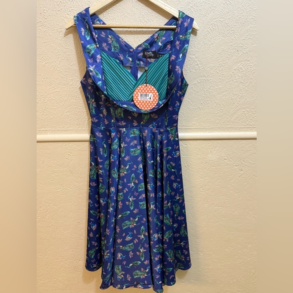 Dolly & Dotty 1950s Purple & Teal Peacock Print Grace Swing Dress Size 6 Retro - Picture 2 of 12